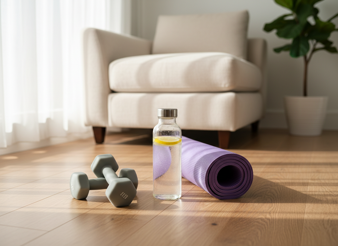 A neatly arranged home wellness corner featuring a pair of light gray neoprene dumbbells, a folded lavender yoga mat, and a glass water bottle infused with lemon slices, all resting on a smooth oak floor. In the background, a soft cream-colored sofa and a small ficus plant sit slightly out of focus, suggesting a cozy living room. Gentle morning sunlight filters through sheer white curtains, casting delicate, elongated shadows and warm highlights on the equipment. Photographed at eye level with a shallow depth of field, the composition follows the rule of thirds, conveying calm motivation and attainable fitness. The photographic realism and clean, modern aesthetic evoke a serene, energizing atmosphere for busy moms seeking balance.